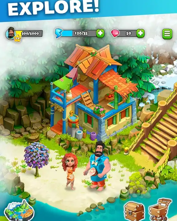 Scena di un gioco cozy: un'isola con casetta e personaggi