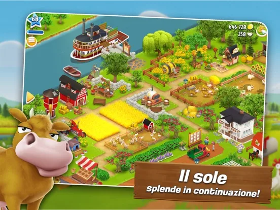 Scena di un gioco di fattoria: campi coltivati e casolari visti dall'alto